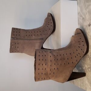 Envy Brown/Beige Throttle Suede Leather Peep-Toe Bootie, Size 9